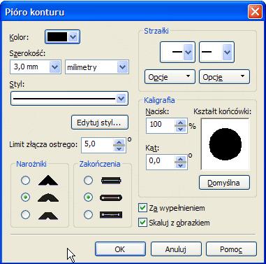 W oknie dialogowym pióra konturu ustawiamy następujące opcje: