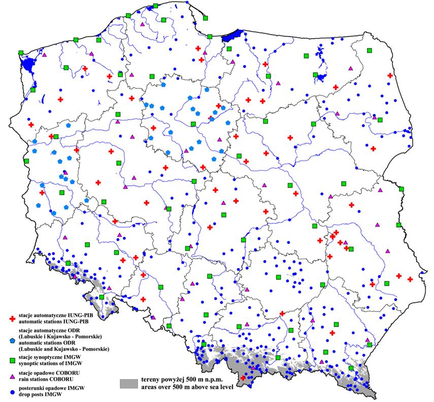 80 Woda-Środowisko-Obszary Wiejskie. T. 19. Z. 1 (65) IUNG PIB oraz stacji Ośrodków Doradztwa Rolniczego (ODR) rysunek 1. Liczba stacji meteorologicznych każdego roku ulegała zwiększeniu. W 2007 r.