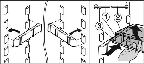 u Półka szklana (1) ze stoperami musi być umieszczona z przodu w taki sposób, by stopery (3) były skierowane w dół. 5.1.5 Półka w drzwiach Przenoszenie półek w drzwiach 5.