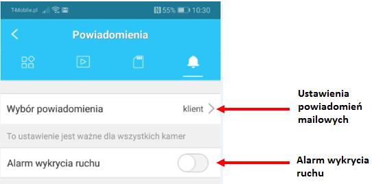 USTAWIENIA POWIADOMIEŃ PUSH/E-MAIL W APLIKACJI PO WYKRYCIU RUCHU Po ustawieniu mamy możliwość otrzymywania