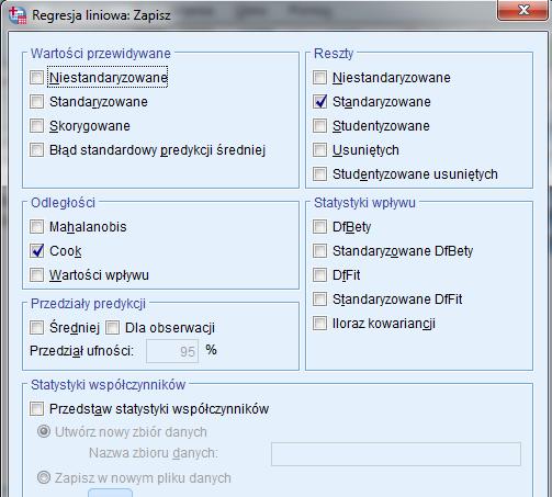 RESZTY Surowe (RES) reszty z modelu, w jednostkach pomiaru zmiennej Standaryzowane (ZRE) reszty z modelu, poddana standaryzacji (odjęcie