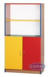 11. Szafka z szufladami* dwie górne półki otwarte, poniżej osiem szuflad w kolorze: niebieskim, czerwonym, zielonym, żółtym zgodnie z załącznikiem graficznym; korpusy: płyta wiórowa laminowana o
