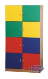 Szafka 2-drzwi* dwie górne półki otwarte, poniżej trzy dzielone półki, 2 drzwiczki w kolorach: żółty, czerwony; korpusy: płyta wiórowa laminowana o grubości 18mm w klasie higienicznej E1, kolor buk,