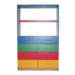 Szafka 8-drzwi* cztery poziome półki dzielone na pół; w sumie osiem półek; 8 drzwiczek w kolorach: zielony, żółty, czerwony, niebieski; korpusy: płyta wiórowa laminowana o grubości 18mm w klasie