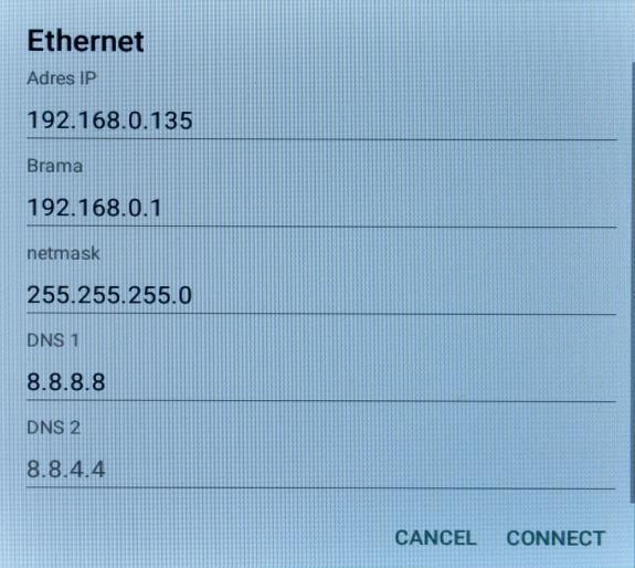 5. Konfiguracja ustawień sieciowych monitora Monitor fabrycznie posiada ustawienie sieci Ethernet w trybie dhcp. Jeżeli zostanie podłączony do sieci Ethernet w której pracuje serwer DHCP (np.