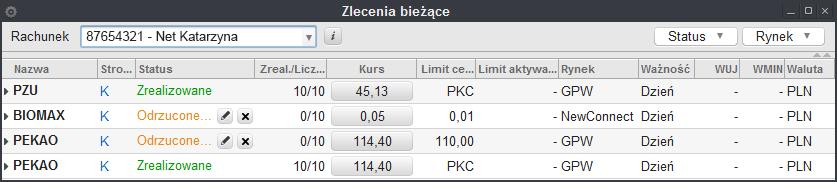 filtrów tworzonych dynamicznie, które mogą się pojawiać i chować w zależności od bieżącej listy instrumentów, na które w oknie widnieją zlecenia, a także od wybranego rachunku oraz rejestrów.