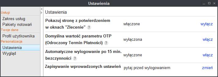 Rys. 9. Włączanie / wyłączanie wyświetlania się strony potwierdzenia przy składaniu zleceń w opcji Ustawienia w oknie Ustawienia. 5.