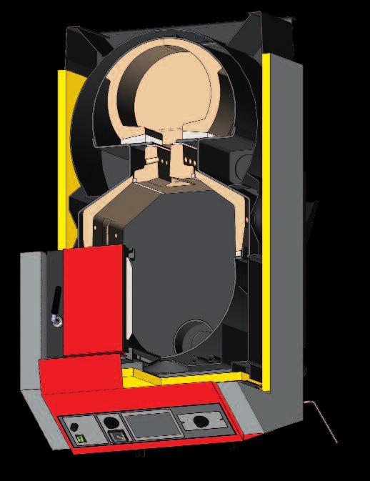 Z G A Z U J Ą C E D R E W N O niem wstępnie podgrzanego powietrza pierwotnego i wtórnego, ceramiczną dyszą spalania oraz kształtką ceramiczną w dolnej komorze spalania.