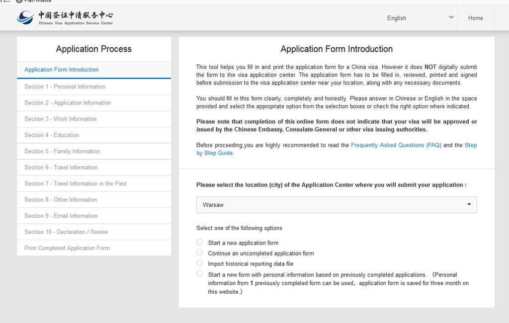 Następnie proszę kliknąć w NEW APPLICATION FORM ( Nowa Aplikacja Wizowa).