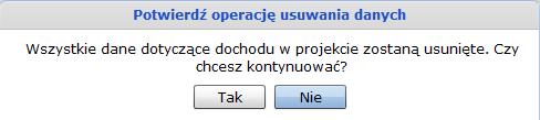 W przypadku, gdy w pkt. III.2 Dochód w projekcie Wnioskodawca zmieni odpowiedź na pytanie dotyczące generowania dochodu przez projekt z TAK na NIE wszystkie dane uprzednio wprowadzone w punkcie III.2.1 Metody wyznaczania poziomu dofinansowania zostaną usunięte wraz z zablokowaniem jego edycji.