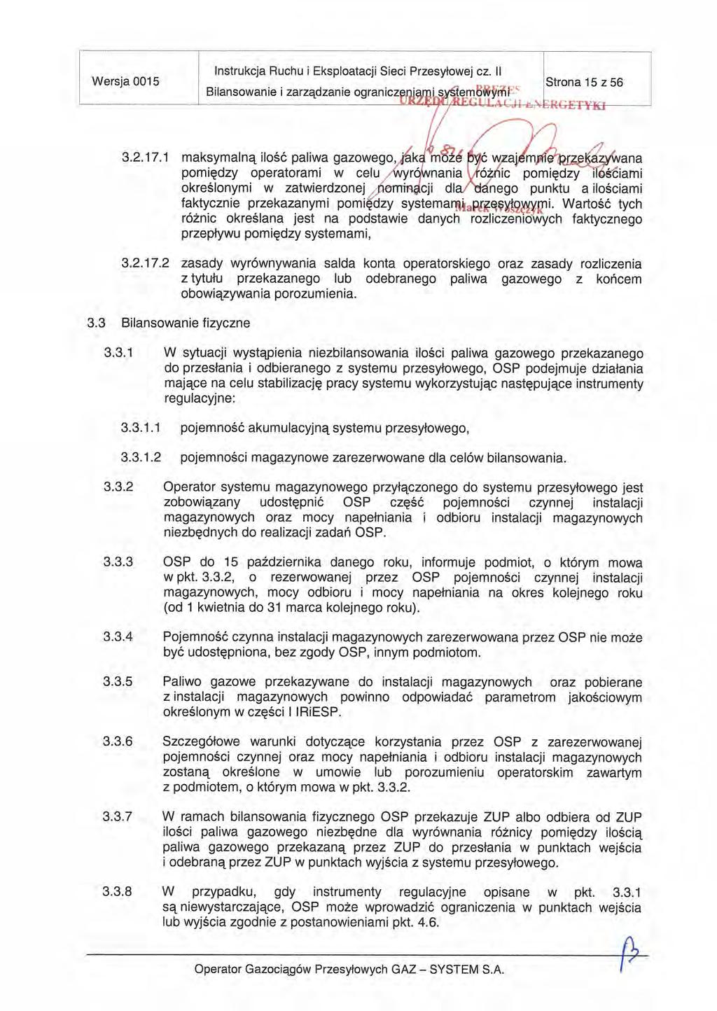 Wersja 0015. Instrukcja Ruchu i Eksploatacji St eci Przesyłowej Cz. ii - Strona Biransowanie i zarządzanie 15756.-są i--fflk-j--- -- 3217.