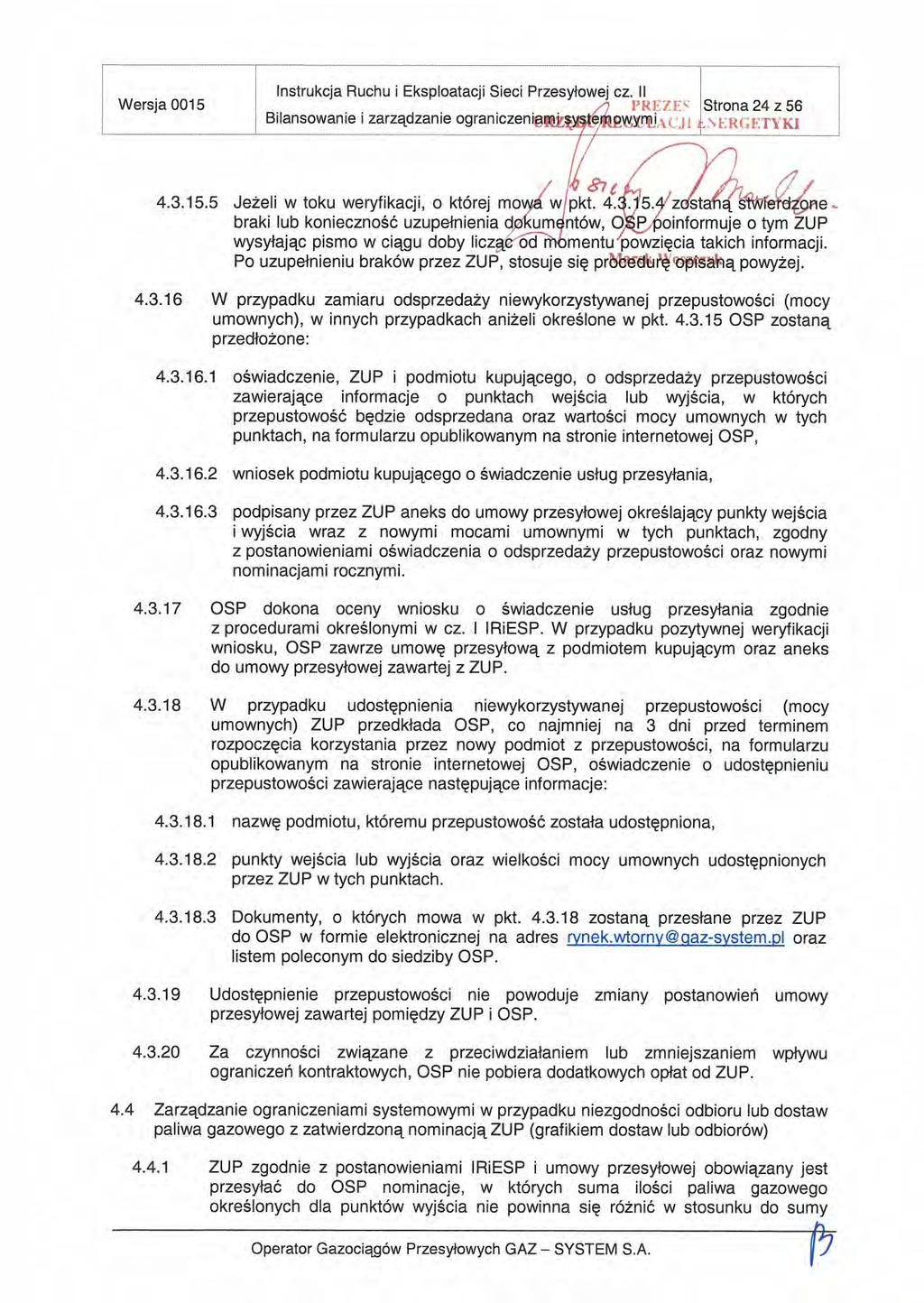 -........ Strona Wersja 0015. Instrukcja Ruchu.. Eksploatacji Sieci Przesyłowej Cz. II i Bilansowanie i 2arządzanie ogran[czeni sętepyri. 24256.