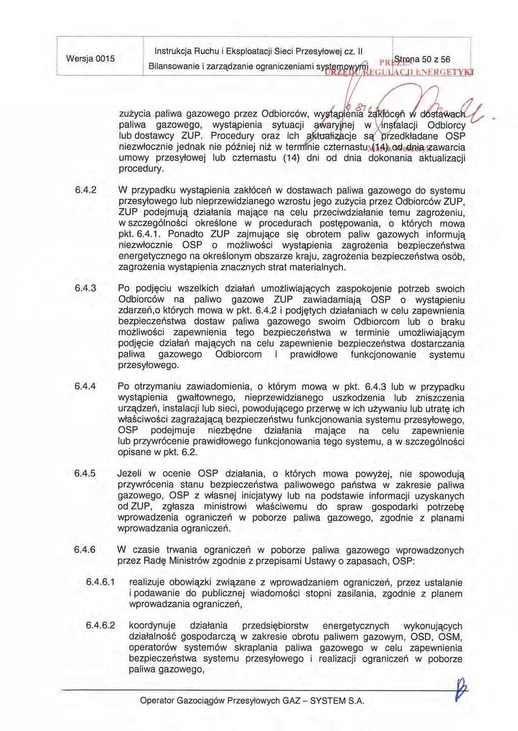SYSTEM Wersja 0015.. Instrukcja Ruchu i Eksploatacji Sieci Przesyłowej Cz. II Bilansowanie zarządzanie ograniczeniamisyiy 9l topa 50 Z 56 Iit\.