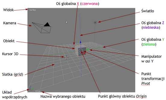 Rodzaje kontrolek Najważniejszym miejscem pracy jest jednak widok 3D. Elementy widoku 3D Podstawową operacją wykonywaną w Widoku 3D jest zaznaczanie obiektów.