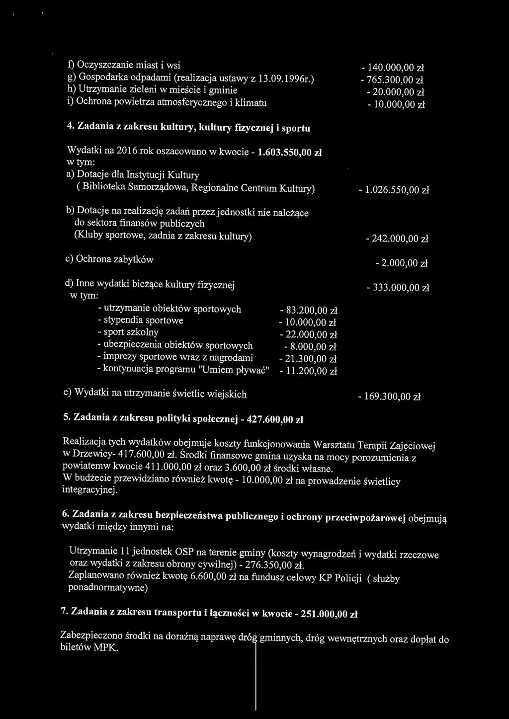 550,00 zł w tym: a) Dotacje dla Instytucji Kultury ( Biblioteka Samorządowa, Regionalne Centrum Kultwy) b) Dotacje na realizację zadań przezjednostki nie należące do sektora finansów publiczych