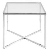 Materiał: podstawa stal nierdzewna, blat szkło Kolor: blat - transparentny Wymiary (+/- 5 cm): 50 cm x 50 cm x 45 (dł./szer./wys.