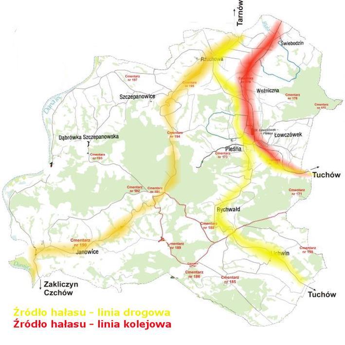 Rysunek 14. Obszary zagrożone ponadnormatywnym hałasem komunikacyjnym Źródło: Opracowanie własne Znaczna część gminy jest zagrożona osuwiskami.