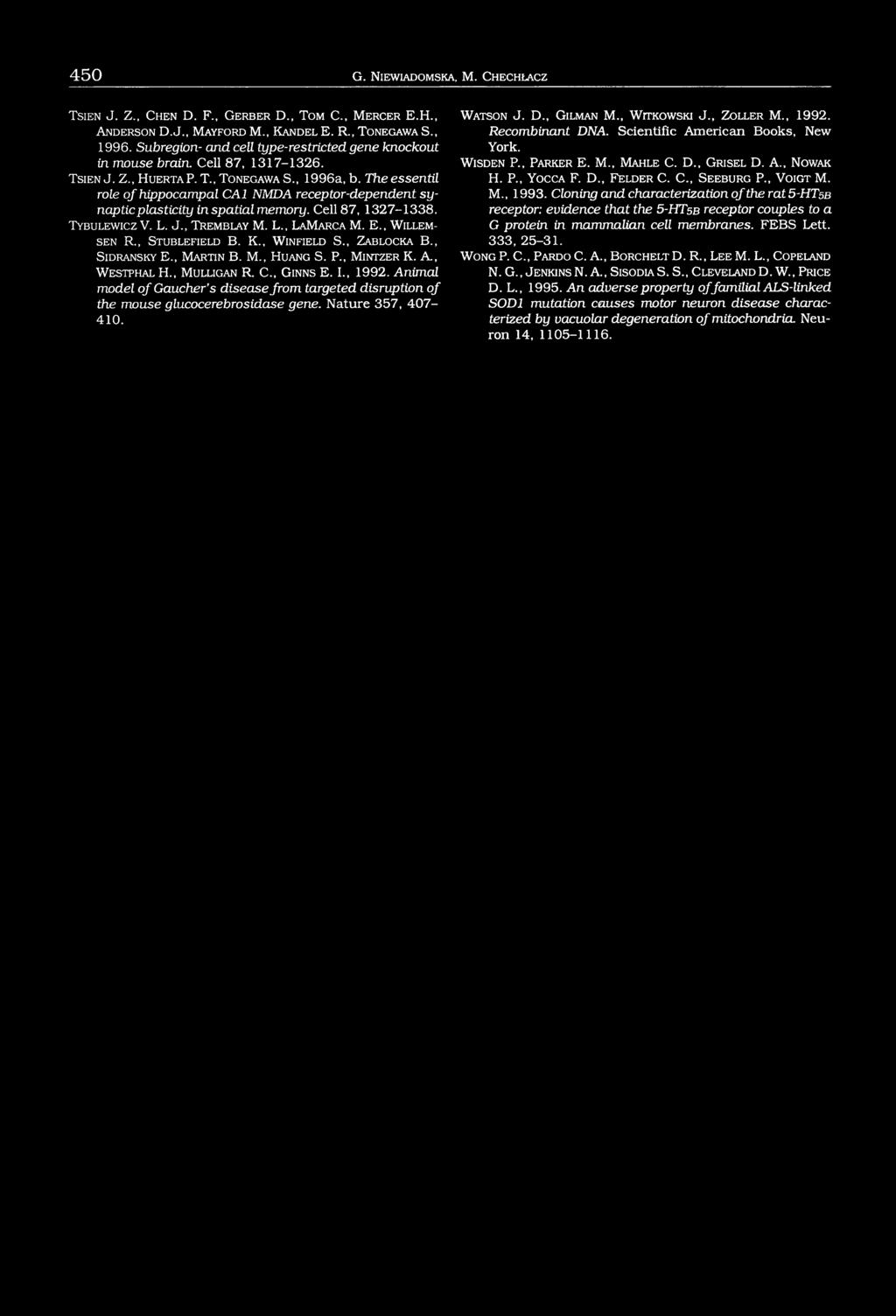 The essentil role o f hippocampal CA1 NMDA receptor-dependent synaptic plasticity in spatial memory. Cell 87, 1327-1338. T y b u l e w ic z V. L. J., T r e m b l a y M. L., L a M a r c a M. E.