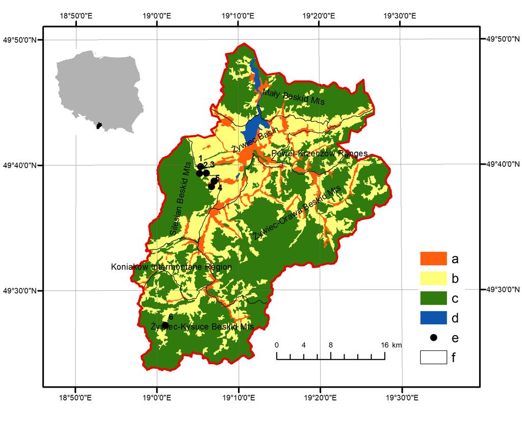 Zabudowania badanych miejscowości położone są średnio na wysokości 400-700 m n.p.m., choć ich obszar administracyjny sięga nawet 1257 m n.p.m. (Skrzyczne).