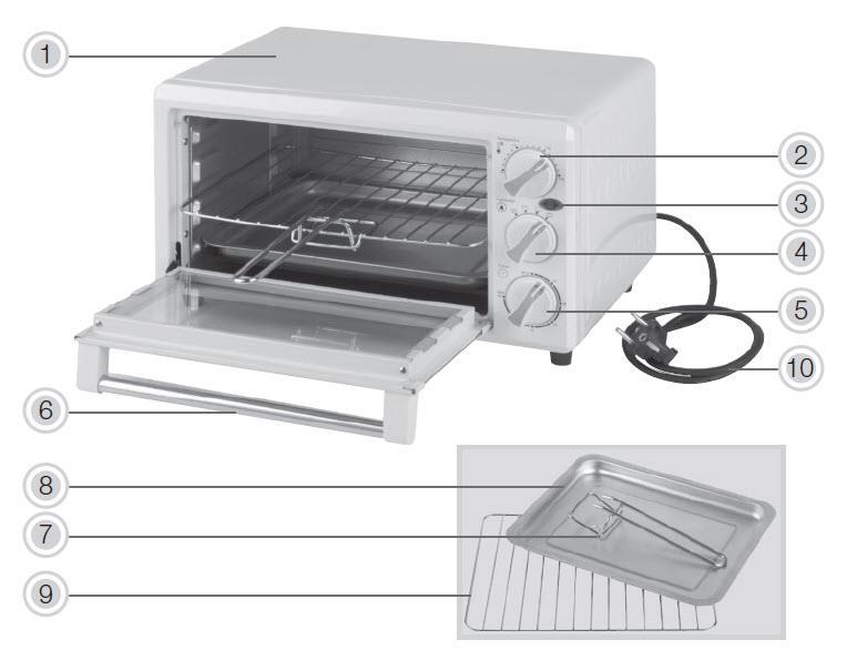 Opis produktu 1. Obudowa 2. Przełącznik regulacji temperatury 3. Kontrolka 4. Przełącznik sterowania funkcjami 5. Zegar 6. Szklana klamka 7. Uchwyt na blachę do pieczenia i stojak na grilla 8.