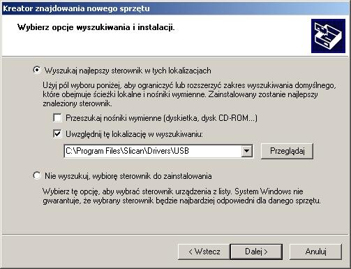 Ilustracja 1.1: Okno główne kreatora instalacji nowego sprzętu dla Windows Zaleca się instalowanie sterowników ze wskazaniem lokalizacji.