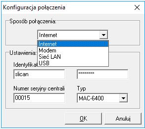 Identyfikator serwisu (ten sam, którego używamy do logowania się na stronie www.slican.pl w zakładce ServNET) oraz numer seryjny i typ centrali.