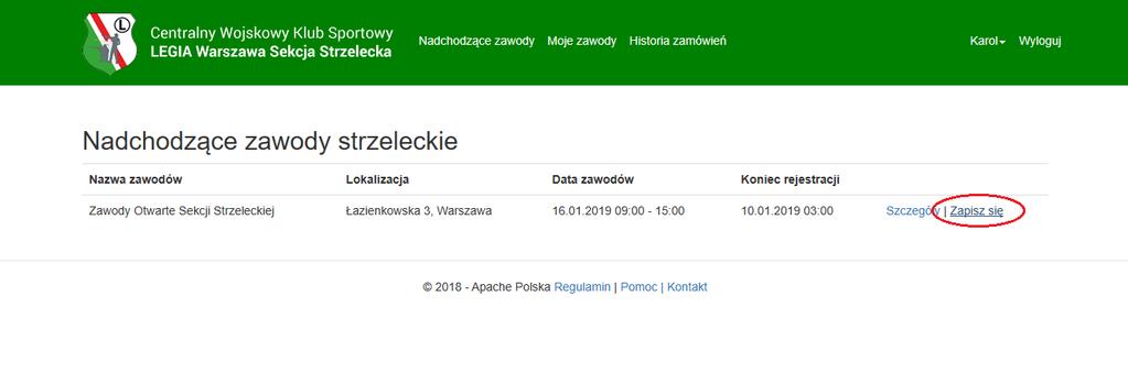 Po zalogowaniu system przenosi nas do zakładki Nadchodzące zawody.