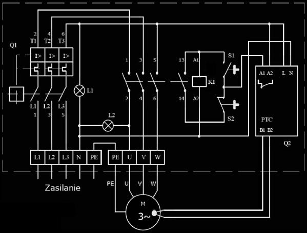 W układzie przedstawionym na schemacie po około 30 minutach pracy silnika stycznik samoczynnie wyłącza się, mimo że prawidłowo nastawiony wyłącznik Q1