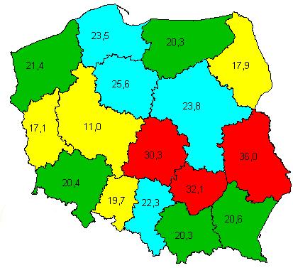Gruźlica w województwie lubelskim stara choroba nowy problem 165 lubelskie, gdzie odpowiedni wskaźnik był ponad trzykrotnie wyższy (36,0) (ryc. 1 i 2). Ryc. 1. Sytuacja epidemiologiczna gruźlicy w Polsce w 2006 r.