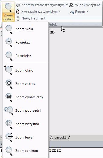 W trakcie rysowania często trzeba zmienić powiększenie widoku w obszarze rysunku. Narzędzia do tego celu są pogrupowanie w rozwijalnym menu na panelu Widok w zakładce Widok.