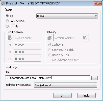 Przykład 2: Zapis bloku jako oddzielnego pliku.dwg W tym przykładzie zapisz poprzednio utworzony blok jako oddzielny plik.dwg. 1. Na zakładce Bloki i odnośniki, na panelu Blok kliknij. 2. W oknie Pisz blok wybierz następujące ustawienia: Jako źródło pliku, wybierz Blok.