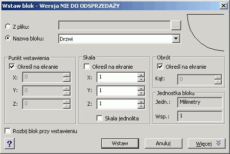 W oknie dialogowym Wstaw blok wybierz następujące ustawienia: Wybierz blok Drzwi. Zaznacz opcje Określ na ekranie dla Punktu wstawienia oraz Kąta obrotu. Wpisz współczynnik skali dla X oraz Y. 3.