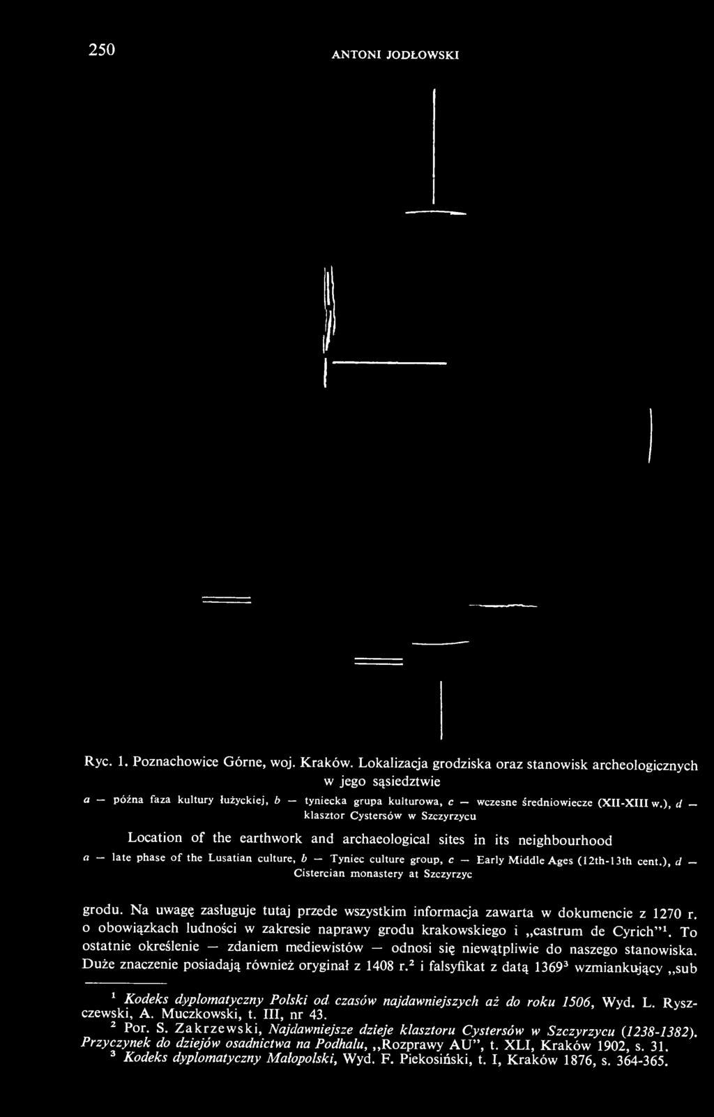 ), d klasztor Cystersów w Szczyrzycu Location of the earthwork and archaeological sites in its neighbourhood a late phase of the Lusatian culture, b Tyniec culture group, с Early Middle Ages