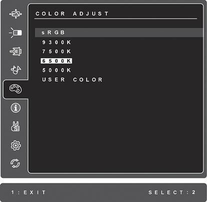 Element Obja nienie Color Adjust (Regulacja kolorów) oferuje kilka opcji regulacji kolorów: ustawione fabrycznie temperatury kolorów oraz User Color (Indywidualne ustawienia koloru) pozwalaj ce