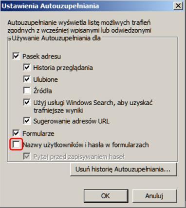 W zakładce [Zawartość] w opcji [Autouzupełnianie] wybierz przycisk [Ustawienia] a następnie wyświetlonym oknie odznacz opcję [Nazwy użytkowników i