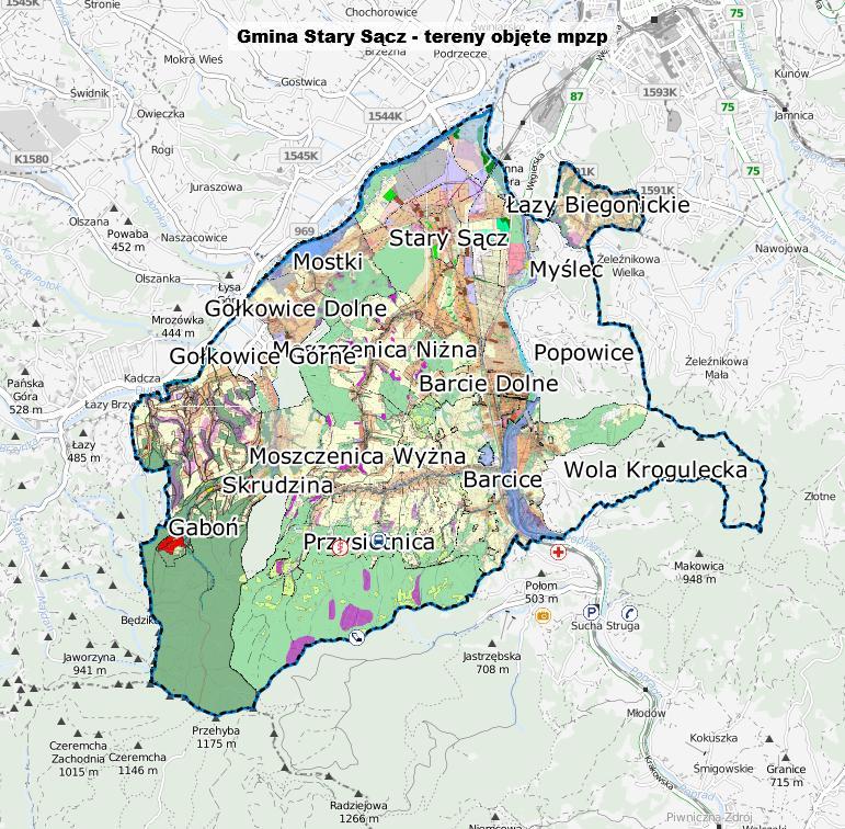 Granice terenów objętych obowiązującymi miejscowymi planami zagospodarowania przestrzennego: 4.4 Gminny Program Rewitalizacji Gminy Stary Sącz na lata 2016-2020.