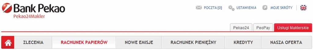 Do serwisu maklerskiego przejdziesz wybierając zakładkę Usługi Maklerskie dostępną nad menu, a także z poziomu strony głównej serwisu Pekao24 wybierając w sekcji Usługi Maklerskie link: lista