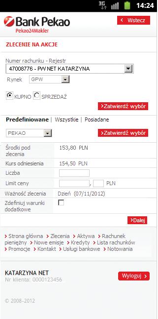 3. Dokonaj wyboru instrumentu, którego zlecenie ma dotyczyć i wybierz przycisk Zatwierdź wybór. 4. Wprowadź podstawowe parametry zlecenia takie jak: Liczba i Limit ceny.