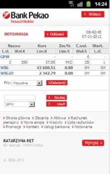 8.2.5. Dostęp do notowań Serwis mobilny umożliwia dostęp do notowań giełdowych wystarczy wybrać link NOTOWANIA.