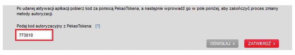 Wygenerowany kod wprowadź w odpowiednie pole w serwisie PekaoInternet (w sekcji Ustawienia wybierz Zarządzanie autoryzacją ) i zatwierdź operację.