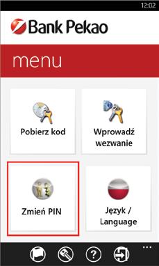 4. Zarządzanie aplikacją PekaoToken W aplikacji znajdują się opcje umożliwiające uzyskanie informacji o użytkowanym tokenie, wybór języka aplikacji (polski lub angielski) oraz zmianę numeru PIN do