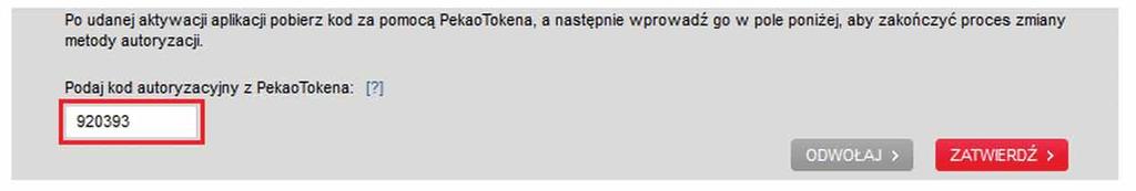 Wygenerowany kod wprowadź w odpowiednie pole w serwisie PekaoInternet (w sekcji Ustawienia wybierz