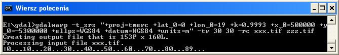 gdalwarp -t_srs. input output -t_srs układ docelowy, np. specyfikacja PROJ.4 (proj.maptools.org) +proj=tmerc +lat_0=0 +lon_0=19 +k=0.