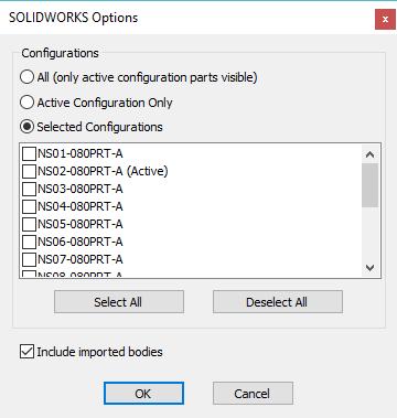 Importowanie CAD Importowanie CAD Opcje importowania SOLIDWORKS Podczas importowania części SOLIDWORKS wyświetlane jest okno dialogowe umożliwiające użytkownikowi wybranie konfiguracji, które mają