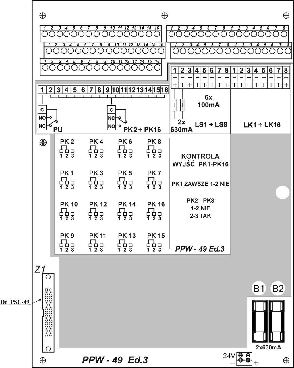 34 ID-E270-011 Rys. 5.7 Pakiet programowanych wyjść/wejść PPW-49 ED.3 5.5.3 Wyjście do pożarowych urządzeń alarmowych (TYP 1) Wyjścia do pożarowych urządzeń alarmowych (np.