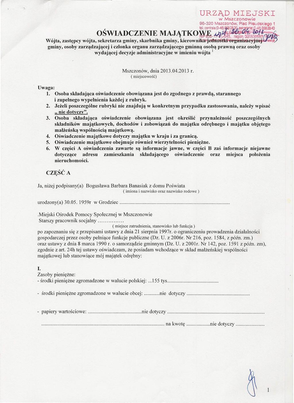 URZĄD MIEJSKI w Mszczonowie 96-320 Mszczon6w, Plac Piłsudskiego 1 r tel.:centrala(o-46) ~=ria!t;~bs82840,. " OSWIAD~ZENI~ M~JĄ,!KO:»'~_#ł 1.4'5, reg0t"!