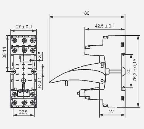 płycie 76,3 x 27 x 42,5(80) mm ❷ Trzy tory prądowe 10 A, 300 V AC Schemat