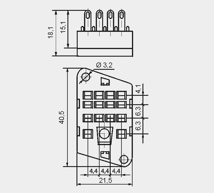 montażowej Akcesoria G4 1053 G4 1040 G4 Do R4N Do lutowania 40,5 x 21,5 x 18,1 mm 6 A, 250 V AC Rozstaw otworów w