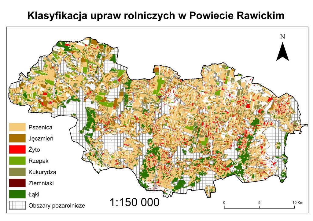 MONITOROWANIE ZMIAN POKRYCIA I UŻYTKOWANIA TERENU Uprawa Powiat Rawicki Powierzchnia w km 2 Procentowy udział Jęczmień 36,66 6,62% Kukurydza 40,74 7,36% Łąki 42,74 7,72% Pszenica 192,51
