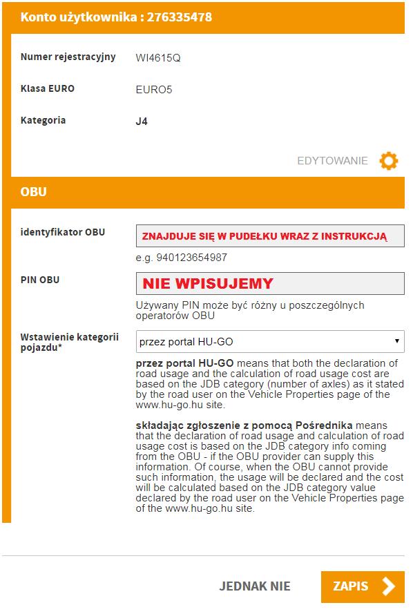 Podczas przypisywania urządzenia do pojazdu uzupełniamy tylko pole Identyfikator OBU. W pudełku z urządzeniem OBU znajduje się karta rejestracyjna (zaplombowana) z 12-cyfrowym kodem (Uwaga!